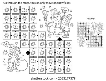 Maze or Labyrinth Game. Puzzle. Coloring Page Outline Of cartoon boy with girl making snowman together. Winter. Coloring book for kids.