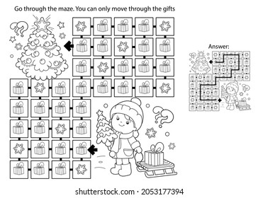 Maze or Labyrinth Game. Puzzle. Coloring Page Outline Of children with gifts at Christmas tree. Christmas. New year. Coloring book for kids. 