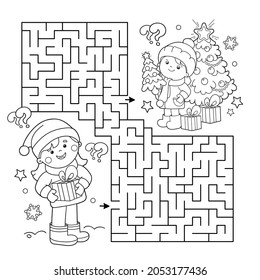 Maze or Labyrinth Game. Puzzle. Coloring Page Outline Of children with gifts at Christmas tree. Christmas. New year. Coloring book for kids. 