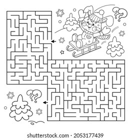 Maze or Labyrinth Game. Puzzle. Coloring Page Outline Of Cartoon happy Bunny sledding. Winter activity. Coloring book for kids. 