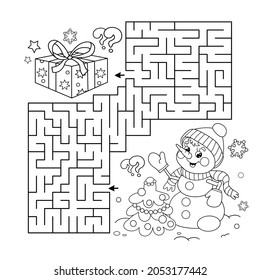 Maze or Labyrinth Game. Puzzle. Coloring Page Outline Of snowman with Christmas tree. New year. Christmas. Coloring book for kids.