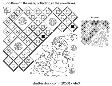 Maze oder Labyrinth Game. Rätsel. Farbige Seite Umriss von Schneemann mit Weihnachtsbaum. Neues Jahr. Weihnachten. Farbbuch für Kinder.