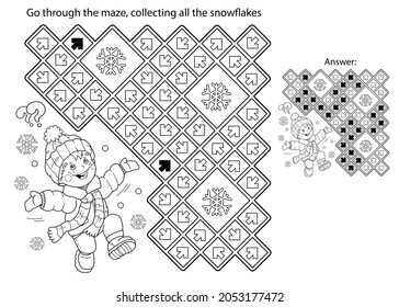 Maze oder Labyrinth Game. Rätsel. Farbige Seite Umriss des Cartoon Jungen Springen vor Freude. Zuerst Schnee. Winter. Farbbuch für Kinder.