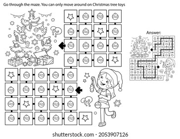 Maze or Labyrinth Game. Puzzle. Coloring Page Outline Of cartoon girl decorating the Christmas tree. Christmas. New year. Coloring book for kids.