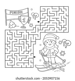 Maze or Labyrinth Game. Puzzle. Coloring Page Outline Of cartoon girl skiing. Winter sports. Coloring book for kids.