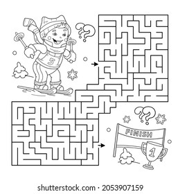 Maze Or Labyrinth Game. Puzzle. Coloring Page Outline Of Cartoon Boy Skiing. Winter Sports. Coloring Book For Kids.