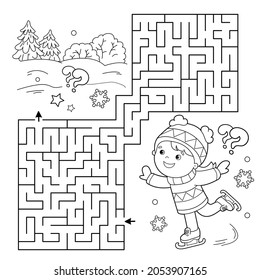 Maze or Labyrinth Game. Puzzle. Coloring Page Outline Of cartoon girl skating. Winter sports. Coloring book for kids.