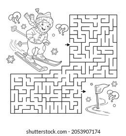 Maze or Labyrinth Game. Puzzle. Coloring Page Outline Of cartoon boy skiing. Winter sports. Coloring book for kids.