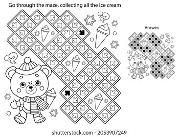 Maze or Labyrinth Game. Puzzle. Coloring Page Outline Of little toy bear with ice cream. Winter. Coloring book for kids