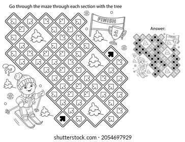 Maze or Labyrinth Game. Puzzle. Coloring Page Outline Of cartoon boy skiing. Winter sports. Coloring book for kids.