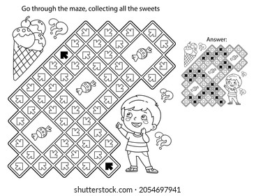 Maze or Labyrinth Game. Puzzle. Coloring Page Outline Of little boy with ice cream and sweets. Coloring book for kids.