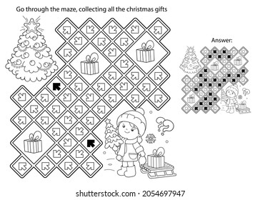 Juego de laberinto o laberinto. Rompecabezas. Esquema de página de color de niños con regalos en el árbol de Navidad. Navidad. Año nuevo. Libro de colorear para niños. 