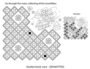 Maze or Labyrinth Game. Puzzle. Coloring Page Outline Of Cartoon happy Bunny sledding. Winter activity. Coloring book for kids. 