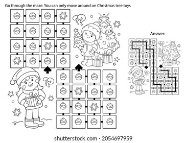 Maze or Labyrinth Game. Puzzle. Coloring Page Outline Of children with gifts at Christmas tree. Christmas. New year. Coloring book for kids. 