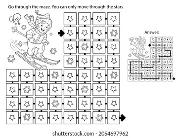 Maze oder Labyrinth Game. Rätsel. Farbige Seite Umriss der Cartoon Jungen Ski. Wintersport. Farbbuch für Kinder.