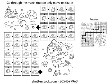Maze or Labyrinth Game. Puzzle. Coloring Page Outline Of cartoon girl skating. Winter sports. Coloring book for kids.