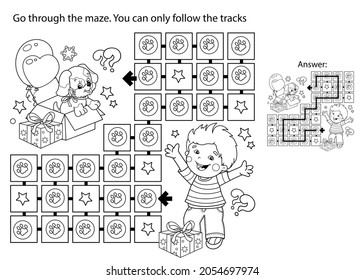 Maze or Labyrinth Game. Puzzle. Coloring Page Outline Of cartoon Boy with dog and gifts. Christmas. New year. Coloring book for kids.