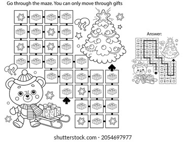 Maze or Labyrinth Game. Puzzle. Coloring Page Outline Of little bear with Christmas tree. New year. Christmas. Coloring book for kids. 