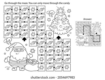 Maze or Labyrinth Game. Puzzle. Coloring Page Outline Of Santa Claus with gifts bag and Christmas tree. New year. Christmas. Coloring book for kids.