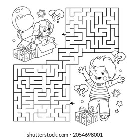 Juego de laberinto o laberinto. Rompecabezas. Esbozo de la página de Colores del niño de caricatura con perro y regalos. Navidad. Año nuevo. Libro de colorear para niños.