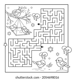 Juego de laberinto o laberinto. Rompecabezas. Esbozo de página de color de las aves de dibujos animados en invierno. Libro de colorear para niños.