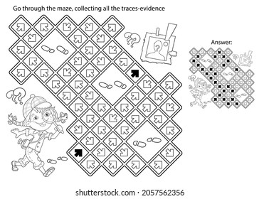 Maze or Labyrinth Game. Puzzle. Coloring Page Outline Of cartoon girl detective with loupe. Young Sherlock Holmes. Coloring book for kids.