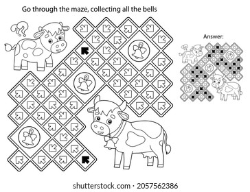 Maze or Labyrinth Game. Puzzle. Coloring Page Outline Of cartoon cow with little calf. Farm animals with their cubs. Coloring book for kids.