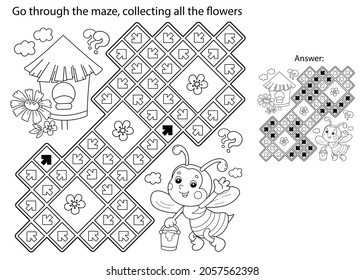Maze or Labyrinth Game. Puzzle. Coloring Page Outline Of cartoon little bee with bucket of honey. Collect all flower. Coloring book for kids.