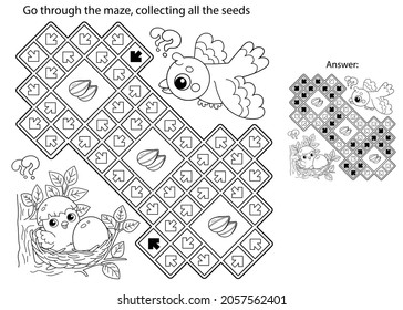 Maze or Labyrinth Game. Puzzle. Coloring Page Outline Of cartoon bird with little chick and egg in nest. Coloring book for kids.