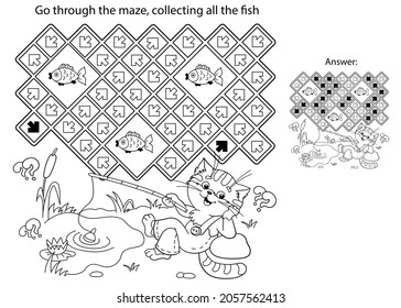 Maze or Labyrinth Game. Puzzle. Coloring Page Outline Of cartoon cat with fishing rod. Fun fisher. Coloring book for kids.