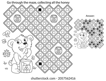 Maze or Labyrinth Game. Puzzle. Coloring Page Outline Of cartoon little bear cub with barrel of honey. Coloring book for kids.