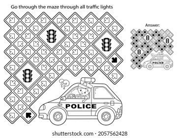 Juego de laberinto o laberinto. Rompecabezas. Esbozo de página de color del policía de caricaturas con auto. Profesión - policía. Libro de colorear para niños.