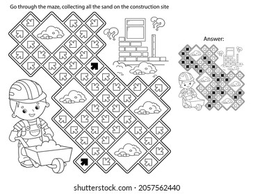 Maze or Labyrinth Game. Puzzle. Coloring Page Outline Of cartoon builder with handcart. Construction. Profession. Coloring book for kids.
