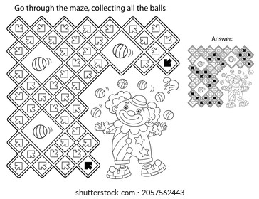 Maze or Labyrinth Game. Puzzle. Coloring Page Outline Of cartoon circus clown with colorful balls. Coloring book for kids.