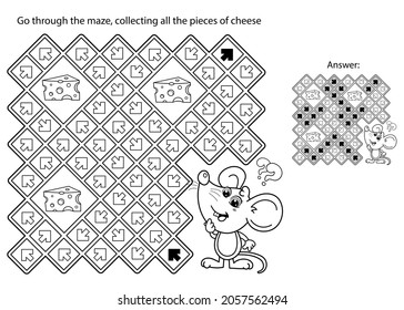 Maze or Labyrinth Game. Puzzle. Coloring Page Outline Of cartoon fun mouse with cheese. Coloring book for kids.