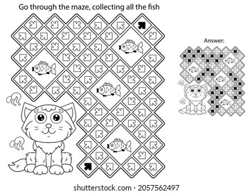 Maze or Labyrinth Game. Puzzle. Coloring Page Outline Of cartoon cat with fish. Coloring book for kids.