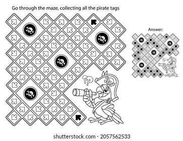 Maze or Labyrinth Game. Puzzle. Coloring Page Outline Of cartoon parrot pirate with telescope. Coloring book for kids.