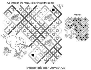 Maze or Labyrinth Game. Puzzle. Coloring Page Outline Of cartoon squirrel with fir cones. Coloring book for kids.