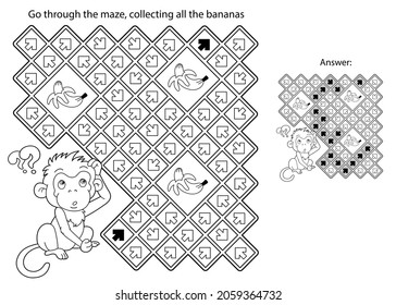 Maze or Labyrinth Game. Puzzle. Coloring Page Outline Of cartoon little monkey with bananas. Collect fruits. Coloring book for kids.