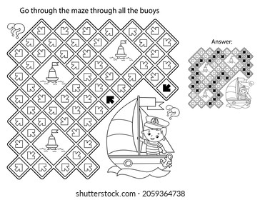 Maze or Labyrinth Game. Puzzle. Coloring Page Outline Of cartoon sail ship with sailor. Profession. Coloring book for kids. Coloring book for kids.