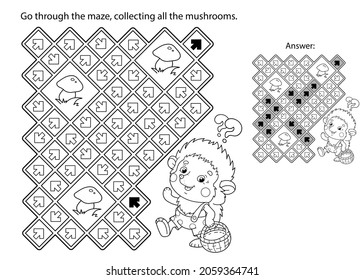 Maze or Labyrinth Game. Puzzle. Coloring Page Outline Of cartoon little hedgehog with basket of mushrooms. Coloring book for kids.