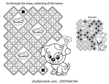 Maze or Labyrinth Game. Puzzle. Coloring Page Outline Of cartoon little dog with bone. Puppy. Coloring book for kids.