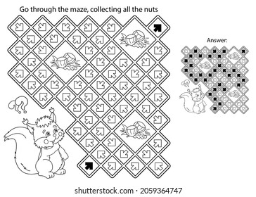 Maze or Labyrinth Game. Puzzle. Coloring Page Outline Of cartoon squirrel with nuts. Coloring book for kids.
