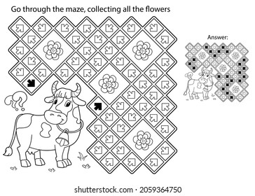 Maze or Labyrinth Game. Puzzle. Coloring Page Outline Of cartoon cow with bell. Collect flowers . Coloring book for kids.