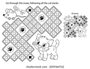 Maze oder Labyrinth Game. Rätsel. Farbige Seite Umriss von Cartoon kleine Katze mit Spielzeug-Uhrenmaus. Farbbuch für Kinder.