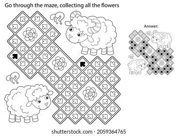 Maze or Labyrinth Game. Puzzle. Coloring Page Outline Of cartoon sheep with little lamb. Farm animals with their cubs. Coloring book for kids.