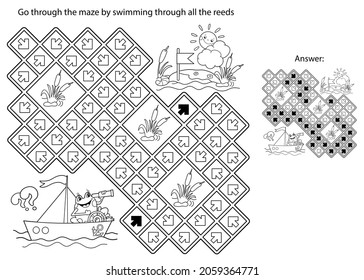 Maze or Labyrinth Game. Puzzle. Coloring Page Outline Of cartoon fun frog on ship. Little sailor. Coloring book for kids.