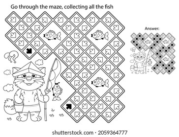 Maze or Labyrinth Game. Puzzle. Coloring Page Outline Of cartoon cat with fishing rod. Fun fisher. Coloring book for kids.