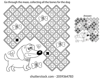 Maze or Labyrinth Game. Puzzle. Coloring Page Outline Of cartoon little dog with bone. Dachshund puppy. Coloring book for kids.