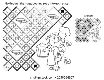 Maze or Labyrinth Game. Puzzle. Coloring Page Outline Of cartoon girl chef with large pot. Little cook or scullion. Profession. Coloring book for kids.